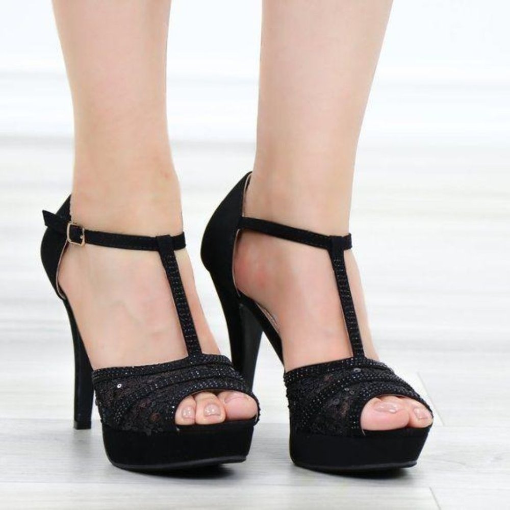 Velvet Platform T Strap Heeled Sandals Transparent Lace - Picture 2 of 9